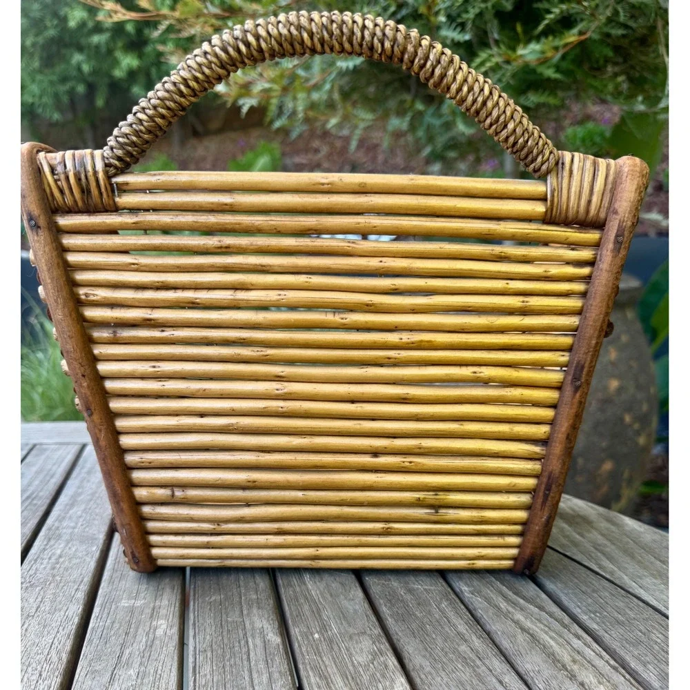 Vintage Rattan Wall Pocket Basket, Bamboo Magazine and Mail Organizer 12x10 x 6